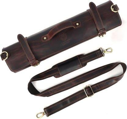 Chef Knife Roll | Genuine Buffalo Leather Knife Roll Case | Portable Travel Storage for Knives & Accessories | 11 Pocket Canvas Chef Knife Bag | Durable & Secure Knife Carrier (Brown)