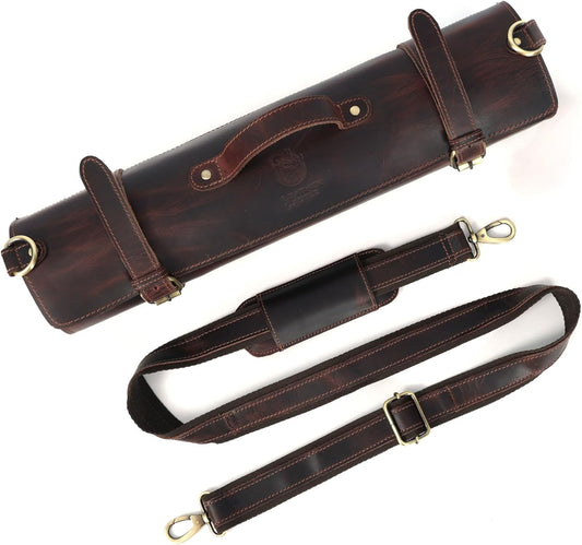Chef Knife Roll | Genuine Buffalo Leather Knife Roll Case | Portable Travel Storage for Knives & Accessories | 11 Pocket Canvas Chef Knife Bag | Durable & Secure Knife Carrier (Brown)