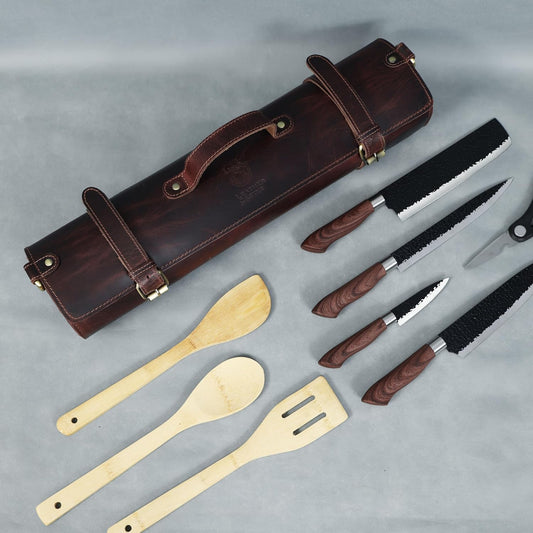 Chef Knife Roll | Genuine Buffalo Leather Knife Roll Case | Portable Travel Storage for Knives & Accessories | 11 Pocket Canvas Chef Knife Bag | Durable & Secure Knife Carrier (Brown)