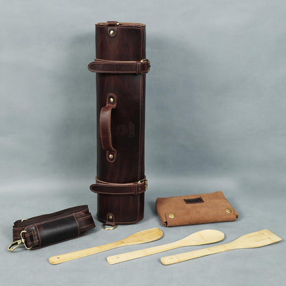 Chef Knife Roll | Genuine Buffalo Leather Knife Roll Case | Portable Travel Storage for Knives & Accessories | 11 Pocket Canvas Chef Knife Bag | Durable & Secure Knife Carrier (Brown)