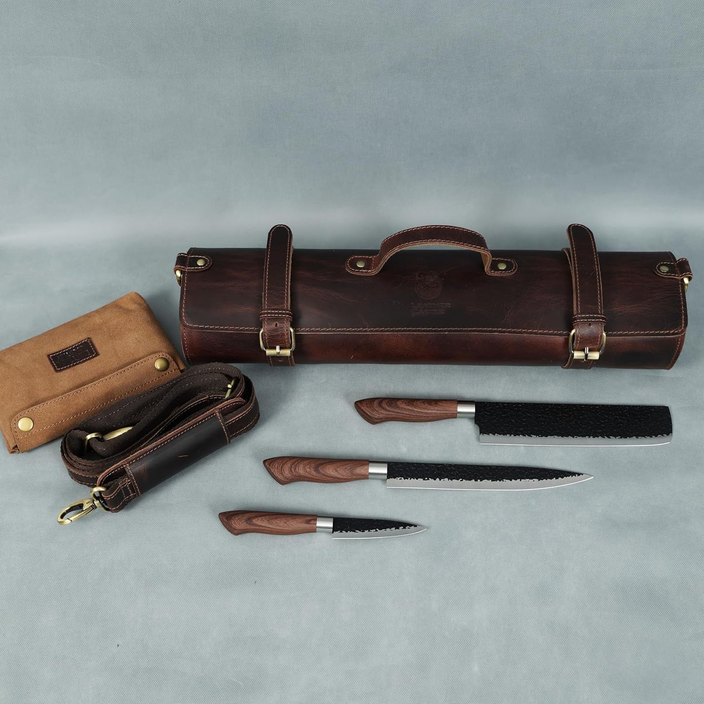 Chef Knife Roll | Genuine Buffalo Leather Knife Roll Case | Portable Travel Storage for Knives & Accessories | 11 Pocket Canvas Chef Knife Bag | Durable & Secure Knife Carrier (Brown)