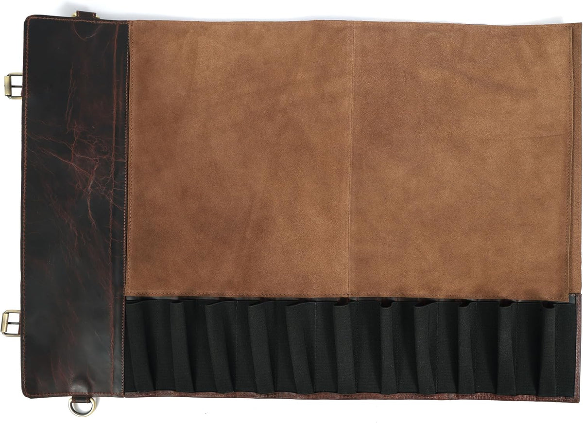 Chef Knife Roll | Genuine Buffalo Leather Knife Roll Case | Portable Travel Storage for Knives & Accessories | 11 Pocket Canvas Chef Knife Bag | Durable & Secure Knife Carrier (Brown)