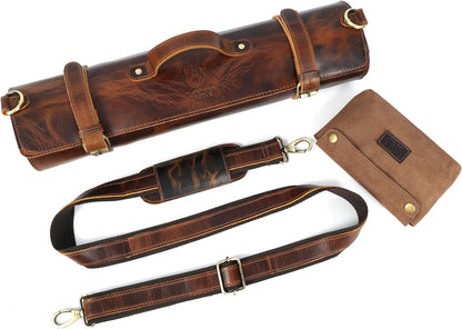 Chef Knife Roll | Genuine Buffalo Leather Knife Roll Case | Portable Travel Storage for Knives & Accessories | 11 Pocket Canvas Chef Knife Bag | Durable & Secure Knife Carrier (Brown)