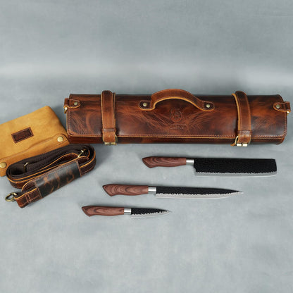 Chef Knife Roll | Genuine Buffalo Leather Knife Roll Case | Portable Travel Storage for Knives & Accessories | 11 Pocket Canvas Chef Knife Bag | Durable & Secure Knife Carrier (Brown)