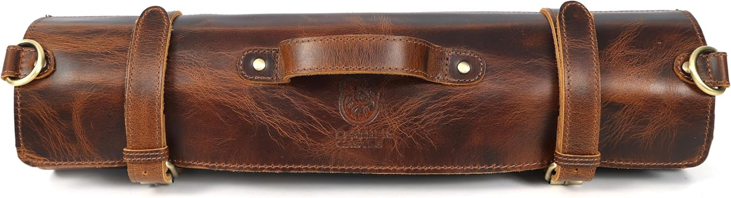 Chef Knife Roll | Genuine Buffalo Leather Knife Roll Case | Portable Travel Storage for Knives & Accessories | 11 Pocket Canvas Chef Knife Bag | Durable & Secure Knife Carrier (Brown)