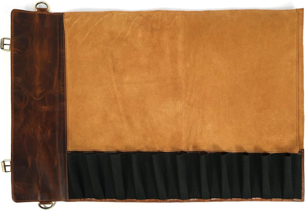 Chef Knife Roll | Genuine Buffalo Leather Knife Roll Case | Portable Travel Storage for Knives & Accessories | 11 Pocket Canvas Chef Knife Bag | Durable & Secure Knife Carrier (Brown)