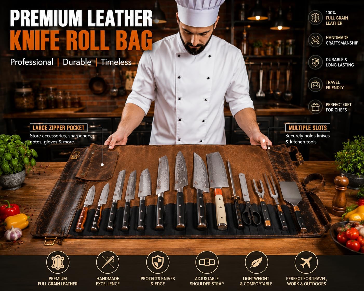 Genuine Leather Knife Roll Bag, Handmade Chef Knife Roll, Professional Knife Storage Case with Adjustable Shoulder Strap & Zipper Pocket, Travel Culinary Knife Carrier, Vintage Light Brown