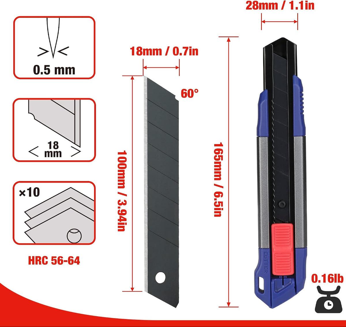 18mm Retractable Utility Knife with 10-Piece SK5 Blades