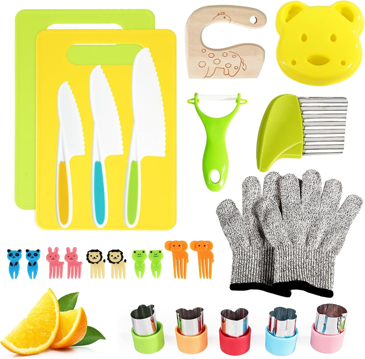 Kids Knife Set, 26 Pcs Montessori Kitchen Tools, BPA | Real cooking set, Includes crinkle cutters, kid safe knives, cutting board, peeler, For kids 4+, Cooking and baking set