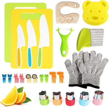 Kids Knife Set, 26 Pcs Montessori Kitchen Tools, BPA | Real cooking set, Includes crinkle cutters, kid safe knives, cutting board, peeler, For kids 4+, Cooking and baking set