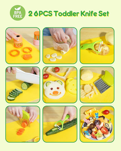 Kids Knife Set, 26 Pcs Montessori Kitchen Tools, BPA | Real cooking set, Includes crinkle cutters, kid safe knives, cutting board, peeler, For kids 4+, Cooking and baking set
