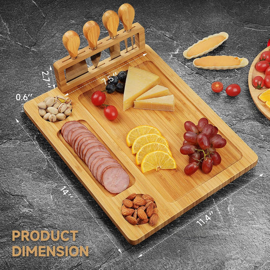 Bamboo charcuterie boards Gift Set - Serving Meat Cheese Board, Charcuterie Board Set with 4 Stainless Steel Cheese Knife, Ideal for House Warming Gifts New Home, Christmas, Bridal Shower Gift