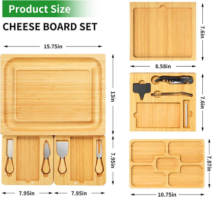 Bamboo charcuterie boards Gift Set - Serving Meat Cheese Board, Charcuterie Board Set with 4 Stainless Steel Cheese Knife, Ideal for House Warming Gifts New Home, Christmas, Bridal Shower Gift