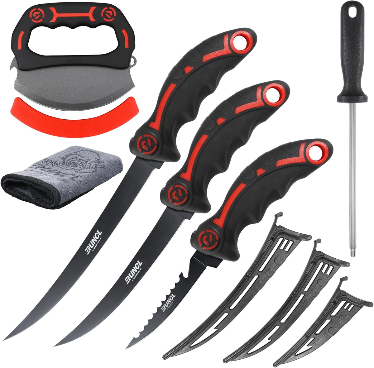 Ulu & Fillet Knife Set – 5”, 7”, 9” German High Carbon Steel Blades with Sheaths, Non-Slip Handles, Honing Rod & Carry Bag, Mezzaluna Knife for Kitchen, BBQ, Camping & Fishing, Gift for Father's Day