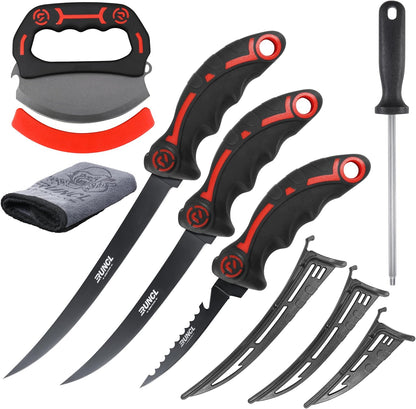 Ulu & Fillet Knife Set – 5”, 7”, 9” German High Carbon Steel Blades with Sheaths, Non-Slip Handles, Honing Rod & Carry Bag, Mezzaluna Knife for Kitchen, BBQ, Camping & Fishing, Gift for Father's Day