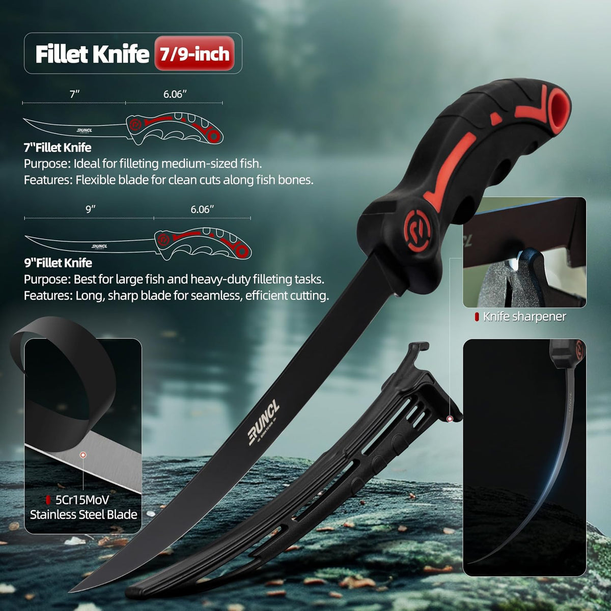 Ulu & Fillet Knife Set – 5”, 7”, 9” German High Carbon Steel Blades with Sheaths, Non-Slip Handles, Honing Rod & Carry Bag, Mezzaluna Knife for Kitchen, BBQ, Camping & Fishing, Gift for Father's Day