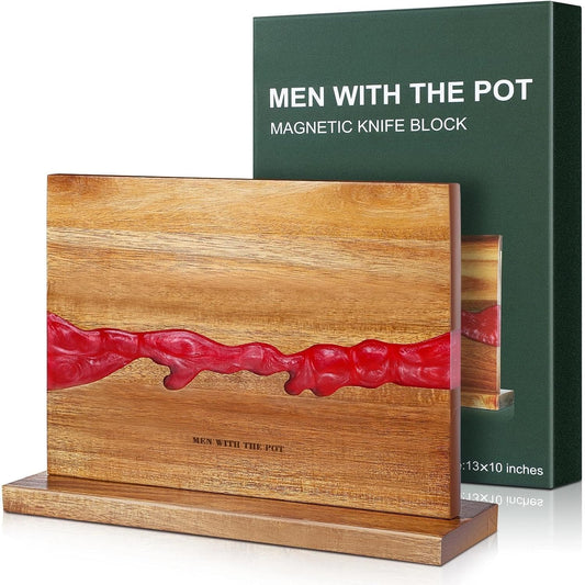 Magnetic Knife Block 13 x 10 Inches, Double Sided Magnetic Knife Holder Rack for Kitchen Counter Top, Space Saving Wood & Red Resin Knife Storage, Cooking Gifts for Men Dad