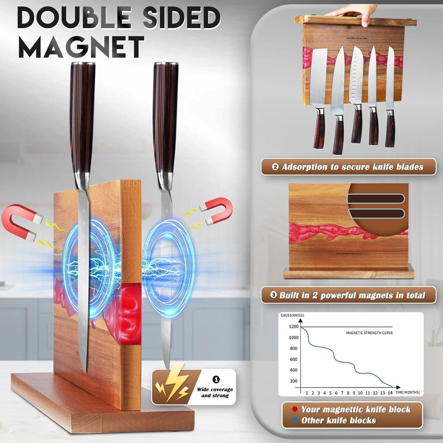 Magnetic Knife Block 13 x 10 Inches, Double Sided Magnetic Knife Holder Rack for Kitchen Counter Top, Space Saving Wood & Red Resin Knife Storage, Cooking Gifts for Men Dad