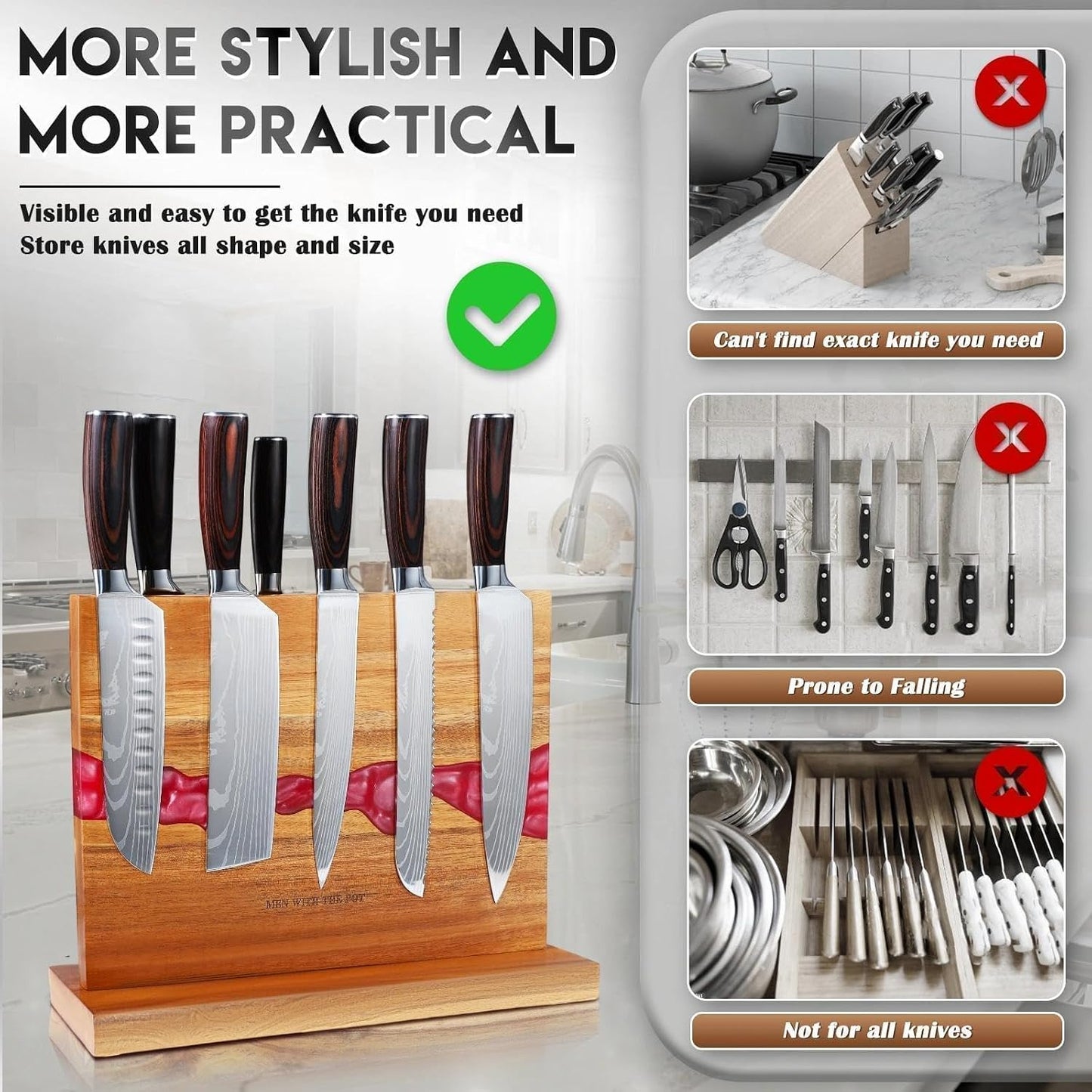 Magnetic Knife Block 13 x 10 Inches, Double Sided Magnetic Knife Holder Rack for Kitchen Counter Top, Space Saving Wood & Red Resin Knife Storage, Cooking Gifts for Men Dad