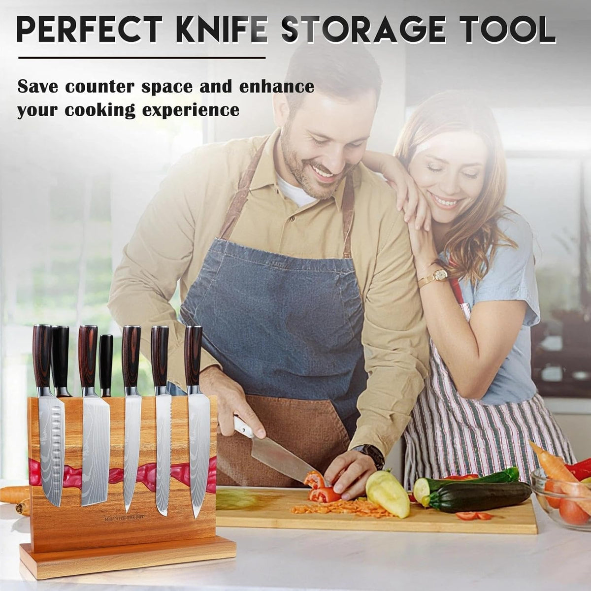 Magnetic Knife Block 13 x 10 Inches, Double Sided Magnetic Knife Holder Rack for Kitchen Counter Top, Space Saving Wood & Red Resin Knife Storage, Cooking Gifts for Men Dad