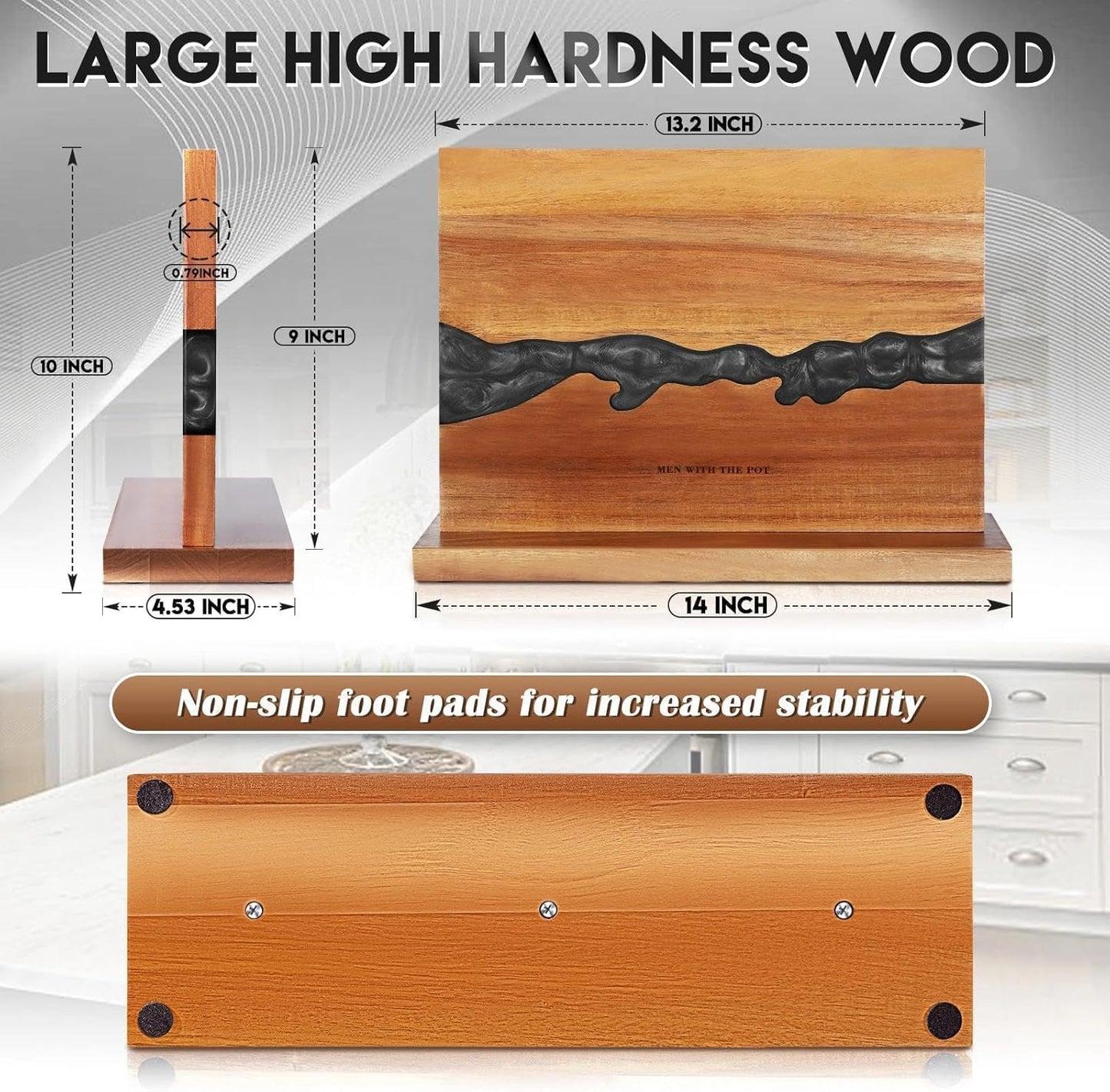 Magnetic Knife Block 13 x 10 Inches, Double Sided Magnetic Knife Holder Rack for Kitchen Counter Top, Space Saving Wood & Red Resin Knife Storage, Cooking Gifts for Men Dad