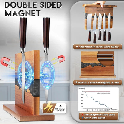 Magnetic Knife Block 13 x 10 Inches, Double Sided Magnetic Knife Holder Rack for Kitchen Counter Top, Space Saving Wood & Red Resin Knife Storage, Cooking Gifts for Men Dad