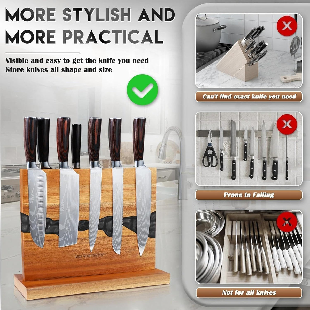 Magnetic Knife Block 13 x 10 Inches, Double Sided Magnetic Knife Holder Rack for Kitchen Counter Top, Space Saving Wood & Red Resin Knife Storage, Cooking Gifts for Men Dad