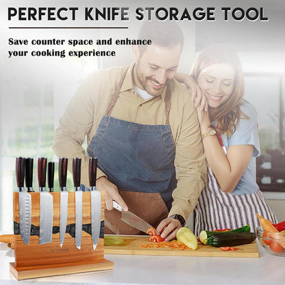 Magnetic Knife Block 13 x 10 Inches, Double Sided Magnetic Knife Holder Rack for Kitchen Counter Top, Space Saving Wood & Red Resin Knife Storage, Cooking Gifts for Men Dad