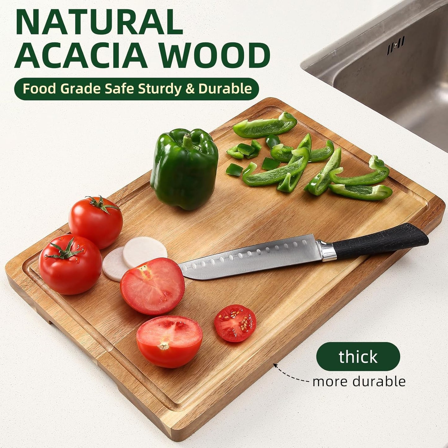 20 Inch Large Acacia Wood Cutting Board 1.5" Thick, Reversible Wooden Cutting Board for Kitchen, Charcuterie Board Cheese Board with Deep Groove, Chopping Board for Meat, Vegetables, Fruit