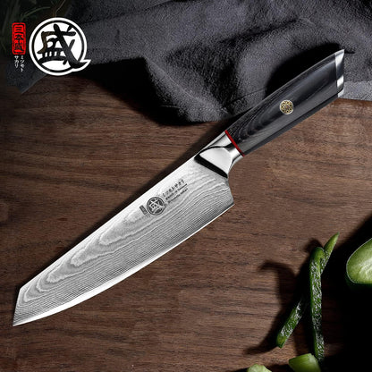 7-Inch Japanese Kiritsuke Chef Knife, AUS-10 Damascus | 67-Layer Forged Construction, Deep-Cryo Heat Treatment, Precision Tip Control, Pakkawood Handle, Sandalwood Box