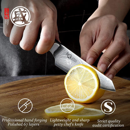 7-Inch Japanese Kiritsuke Chef Knife, AUS-10 Damascus | 67-Layer Forged Construction, Deep-Cryo Heat Treatment, Precision Tip Control, Pakkawood Handle, Sandalwood Box