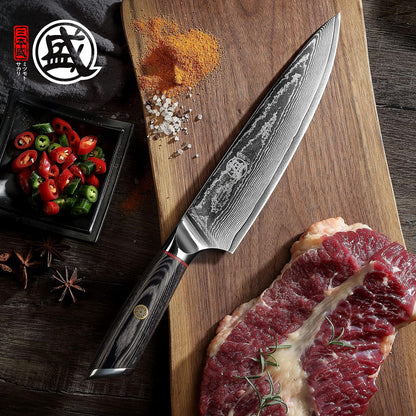 7-Inch Japanese Kiritsuke Chef Knife, AUS-10 Damascus | 67-Layer Forged Construction, Deep-Cryo Heat Treatment, Precision Tip Control, Pakkawood Handle, Sandalwood Box