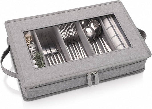 Flatware Utensil Storage Case, Grey Silverware Storage Box Chest with Adjustable Dividers, Removable Cutlery Storage Holder with Zipper Lid for Organizing Spoon/Flatware/Knives