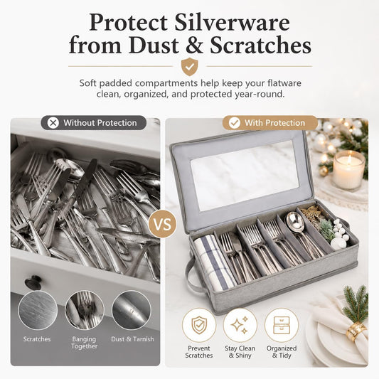 Flatware Utensil Storage Case, Grey Silverware Storage Box Chest with Adjustable Dividers, Removable Cutlery Storage Holder with Zipper Lid for Organizing Spoon/Flatware/Knives