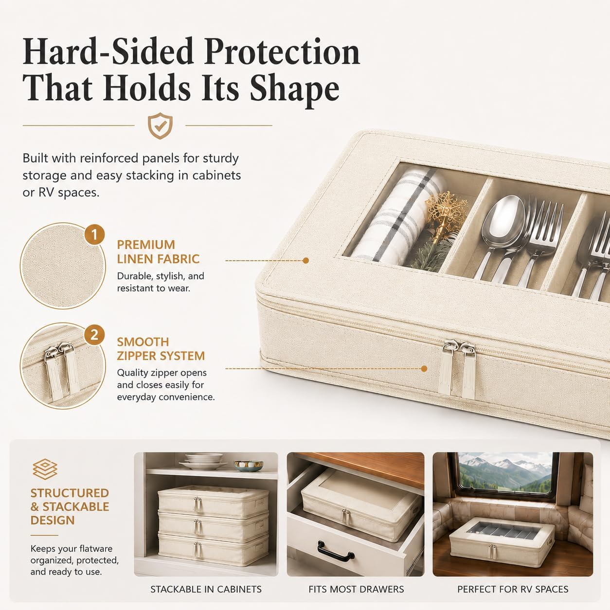 Flatware Utensil Storage Case, Grey Silverware Storage Box Chest with Adjustable Dividers, Removable Cutlery Storage Holder with Zipper Lid for Organizing Spoon/Flatware/Knives