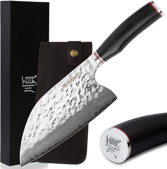 Hybrid Cleaver 8 inch Meat Cleaver Outdoor Serbian Chef Knife-Japanese Damascus Steel - Natural Leadwood Handle with Leather