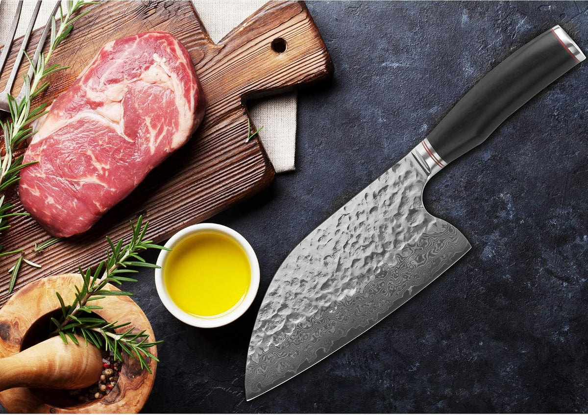 Hybrid Cleaver 8 inch Meat Cleaver Outdoor Serbian Chef Knife-Japanese Damascus Steel - Natural Leadwood Handle with Leather