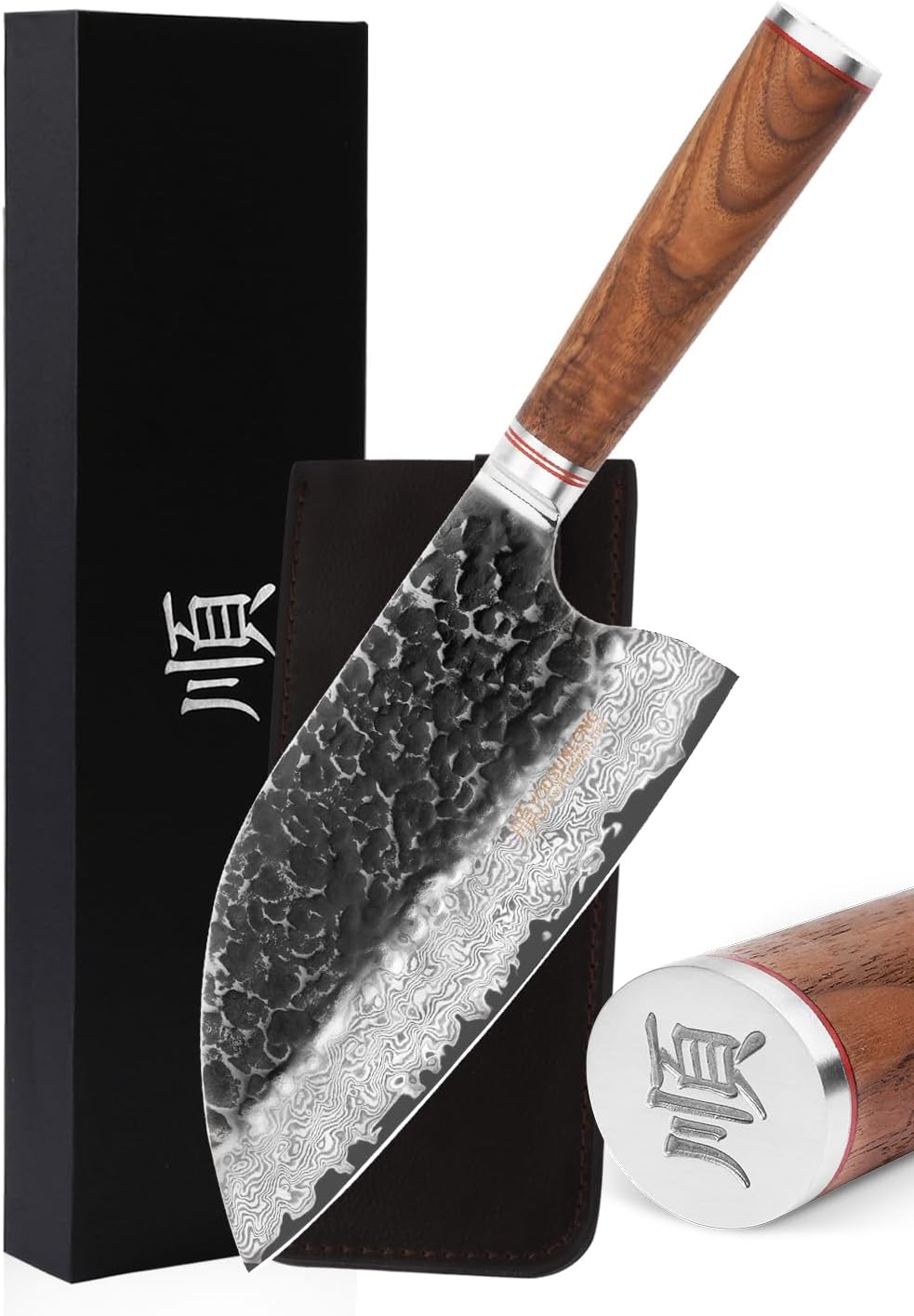 Hybrid Cleaver 8 inch Meat Cleaver Outdoor Serbian Chef Knife-Japanese Damascus Steel - Natural Leadwood Handle with Leather