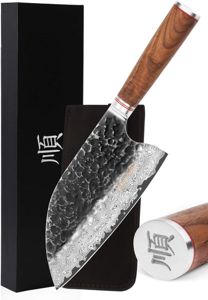 Hybrid Cleaver 8 inch Meat Cleaver Outdoor Serbian Chef Knife-Japanese Damascus Steel - Natural Leadwood Handle with Leather