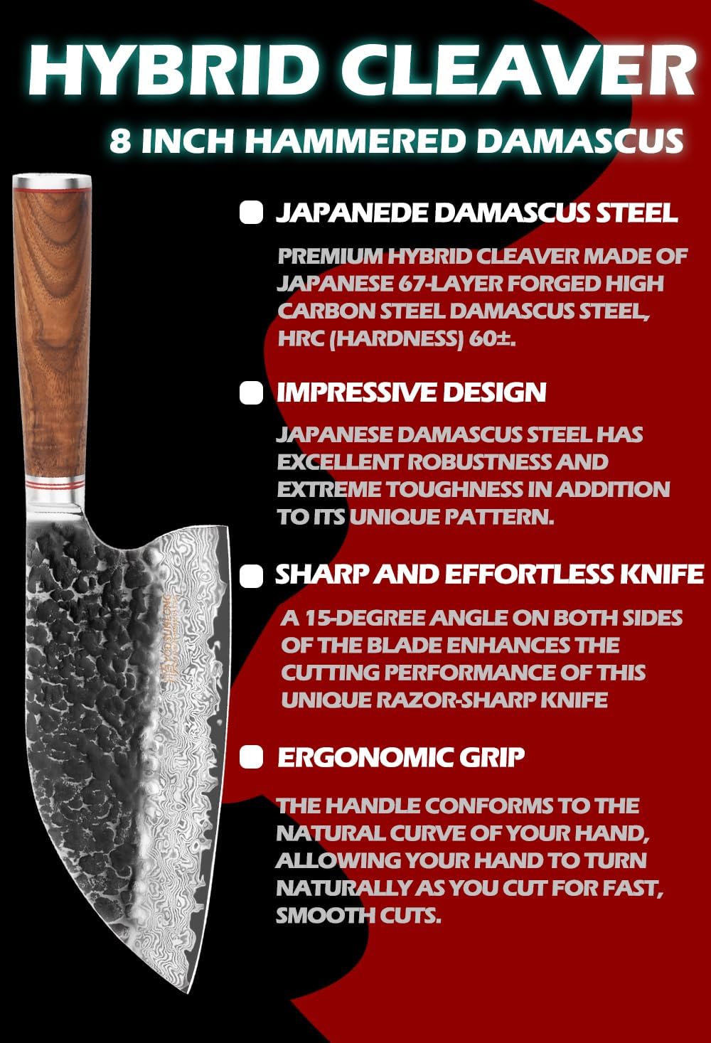 Hybrid Cleaver 8 inch Meat Cleaver Outdoor Serbian Chef Knife-Japanese Damascus Steel - Natural Leadwood Handle with Leather