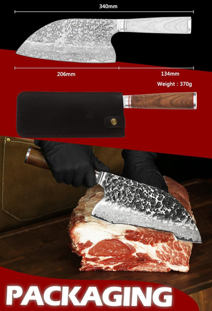 Hybrid Cleaver 8 inch Meat Cleaver Outdoor Serbian Chef Knife-Japanese Damascus Steel - Natural Leadwood Handle with Leather