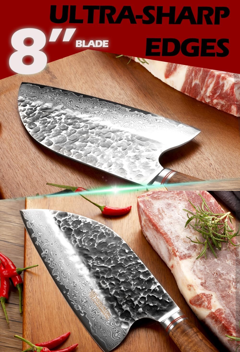 Hybrid Cleaver 8 inch Meat Cleaver Outdoor Serbian Chef Knife-Japanese Damascus Steel - Natural Leadwood Handle with Leather