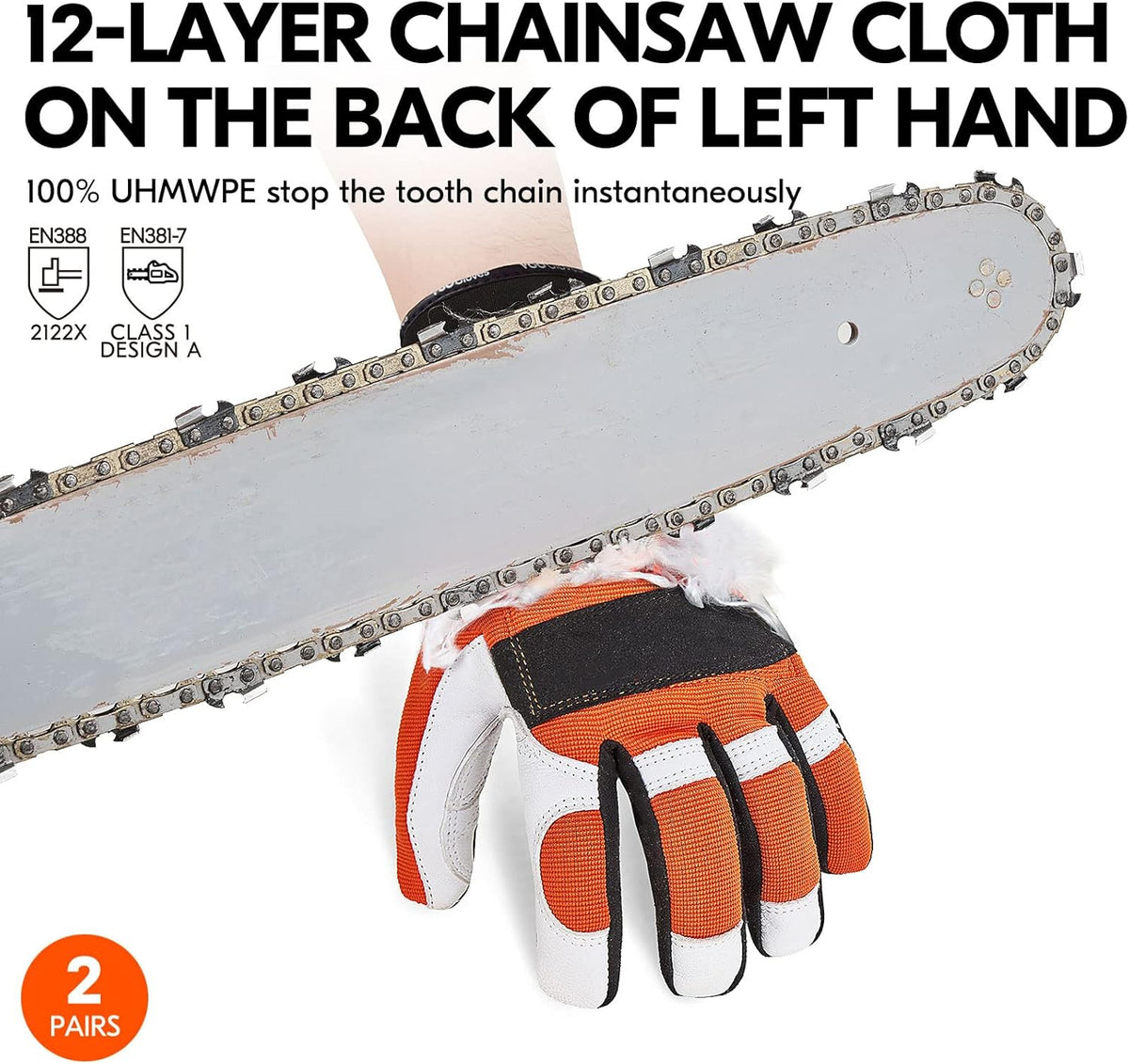 ... 2-Pairs Chainsaw Gloves,Saw Protection on Left Hand Back,Goat Leather(XL,Orange,GA8912)