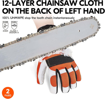... 2-Pairs Chainsaw Gloves,Saw Protection on Left Hand Back,Goat Leather(XL,Orange,GA8912)