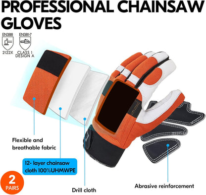 ... 2-Pairs Chainsaw Gloves,Saw Protection on Left Hand Back,Goat Leather(XL,Orange,GA8912)