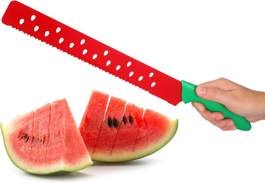 17 Inch Long Watermelon Knife with Protective Sleeve, Serrated Stainless Steel Fruit Slicer, Ergonomic Handle Cutter for Melon, Bread, Cake, Outdoor BBQ & Picnic