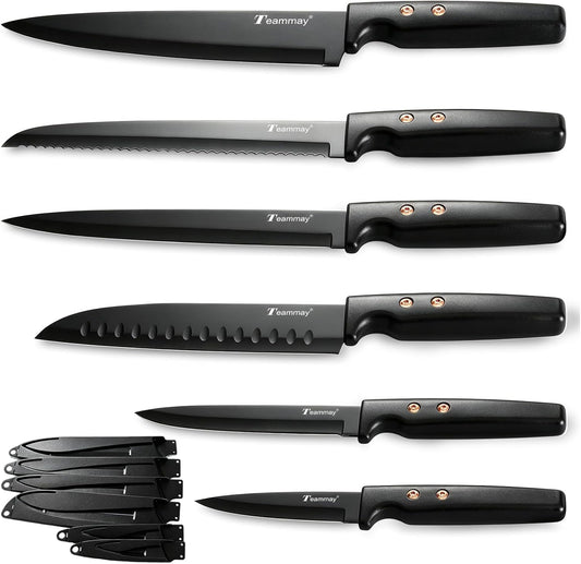 12-Piece Kitchen Knife Set, Stainless Steel Knives with Non-Stick Coating, Dishwasher Safe, Black Knife Set with Rose Gold Rivets 6 Blade Guards, Perfect for Home Chefs Cooking Enthusiasts