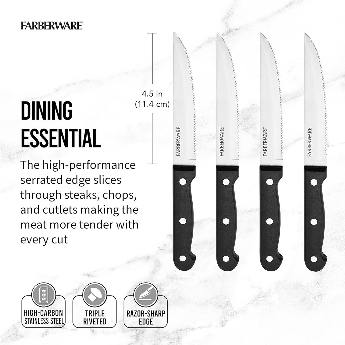 4-Piece Full-Tang Triple Rivet 'Never Needs Sharpening' Stainless Steel Steak Knife Set, Black