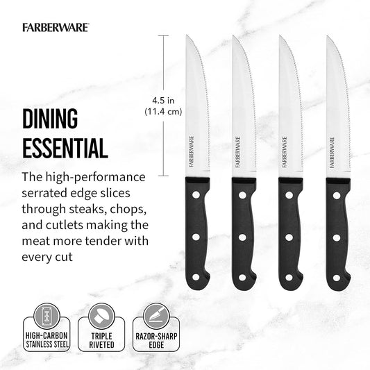 4-Piece Full-Tang Triple Rivet 'Never Needs Sharpening' Stainless Steel Steak Knife Set, Black