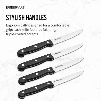 4-Piece Full-Tang Triple Rivet 'Never Needs Sharpening' Stainless Steel Steak Knife Set, Black